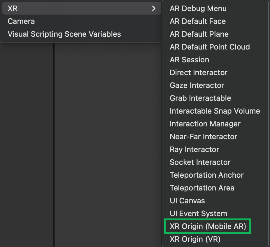 Unity Menu XR Origin (Mobile AR) GameObject