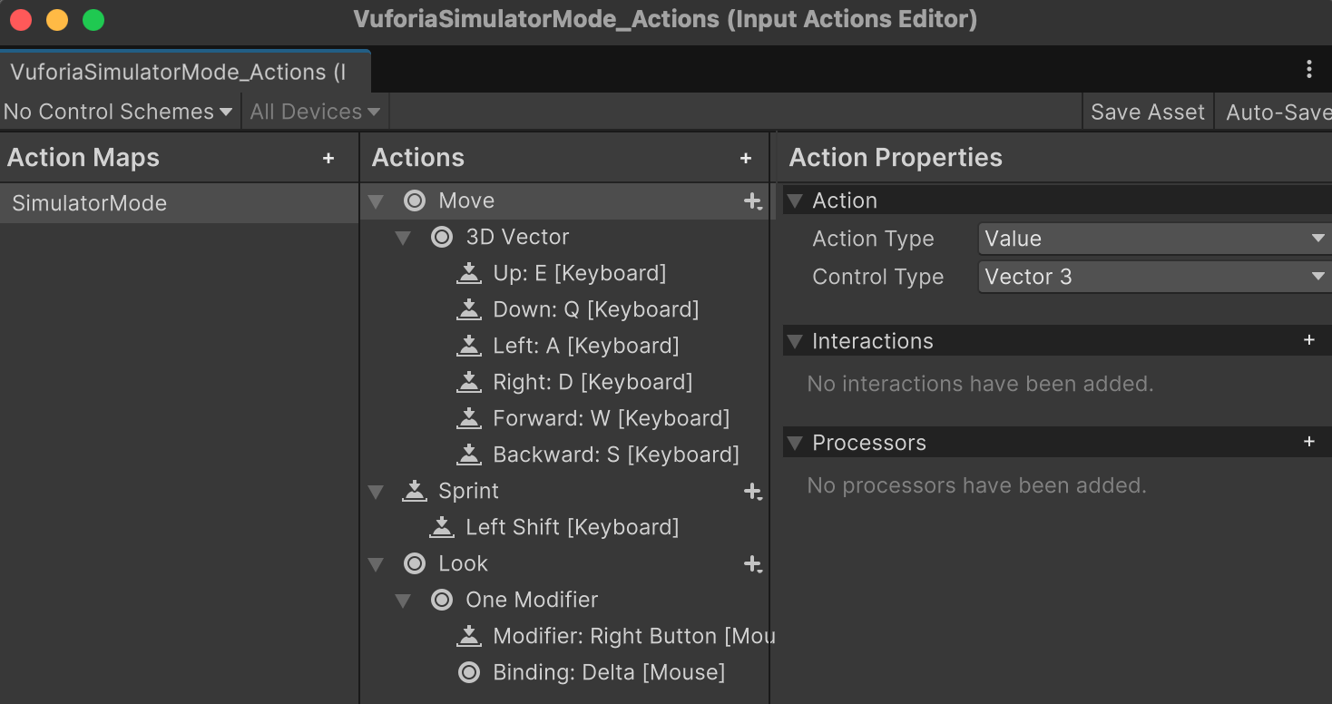 Vuforia Default Input Action Asset for Simulator Play Mode